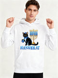 Men's Hoodie Hanukkat Blue Candlelight With Black Cat And Menorah