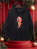 Men's Hoodie Festive Lights Among Pine Branches With Vibrant Whimsical Seahorse