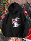 Men's Hoodie Happy Grey Rabbit Wearing Red Scarf Holding Festive Christmas Stocking With Carrot Rabbit