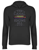 Men's Hoodie The Canal Knows All Classic Narrowboat Floating Peacefully Under Elegant Decorative Textured Vintage Lettering Narrowboat