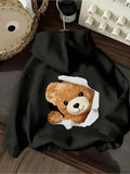 Women's Hoodie Teddy Bear with a Distressed Print Design