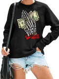 Women's Hoodie Gothic Skeleton Hands & Money Print with Dollar Bill & Ring Design