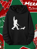 Men's Hoodie White Silhouette Walking A Small Sausage Dog On Leash With Peace Sign Bigfoot