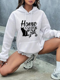 Women's Hoodie Home Is Where My Cat Is Minimalist Black Silhouette Sitting Among Cute Small Heart Shapes Cat