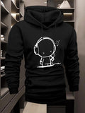 Men's Hoodie Minimalist White Line Drawing Of Cartoon Figure Listening To Music Character