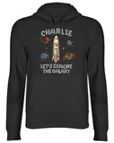 Men's Hoodie Charlie Lets Explore The Galaxy Vintage Style Space Craft Journeying Past Colorful Planets And Twinkling Stars Rocket