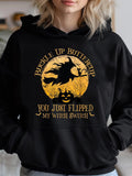 Women's Hoodie Buckle Up Buttercup You Just Flipped My Witch Switch Silhouette Flying Across A Large Orange Moon With Spooky Carved Pumpkin Witch