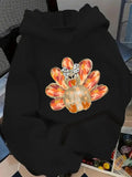 Women's Hoodie Colorful Watercolor Feathers With Leopard Bow On Festive Thanksgiving Turkey