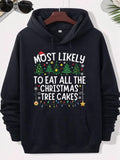 Men's Hoodie Most Likely To Eat All The Christmas Tree Cakes Festive Green Forest Among Glowing Stars And Bright String Lights Tree