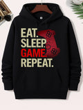 Men's Hoodie Eat Sleep Game Repeat Textured Red Silhouette With Classic Gamepad Buttons Controller