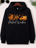 Men's Hoodie Postal Worker Autumnal Leaves With Leopard Print Mailbox And Plaid Parcel Delivery Truck