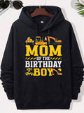 Men's Hoodie Mom Of The Birthday Boy Yellow Construction Vehicles Busy Working Under Bright Warning Stripes Excavator