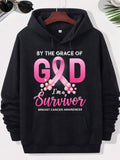 Men's Hoodie By The Grace Of God Im A Survivor Breast Cancer Awareness Elegant Pink Ribbon Decorated With Small White Flowers Among Inspirational Words Ribbon