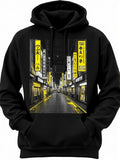 Men's Hoodie Night Cityscape With Bright Yellow Neon Signs Along A Dark Urban Street