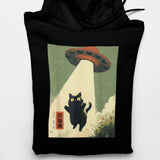 Men's Hoodie Vintage Retro Flying Saucer Beaming Up A Curious Black Floating Cat