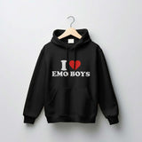 Men's Hoodie I Emo Boys Vibrant Red Centered Symbol Between Bold White Serif Text Heart