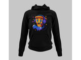 Men's Hoodie Vibrant Cartoon Slice Wearing Gaming Headphones Holding A Glowing Controller Among Stars Pizza