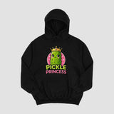 Men's Hoodie Pickle Princess Cute Green Cartoon Character Wearing Golden Royal Crown Over Pink Circle Pickle