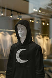 Men's Hoodie Ornate Floral Pattern Inside Crescent Moon Under Glowing Tiny Star Moon