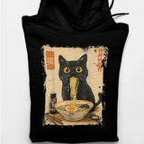 Men's Hoodie Ramen Adorable Black Cat Eating Delicious Noodles Under Vintage Artistic Background Cat