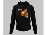 Men's Hoodie Moo Funny Cartoon Character Peeking Behind Brown Feathers For Thanksgiving Turkey