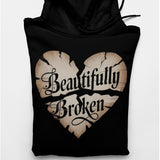 Men's Hoodie Beautifully Broken Shattered Wooden Texture Design Featuring Deep Fractured Lines Across Large Heart