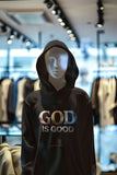 Men's Hoodie God Is Good Metallic Three Dimensional Gradient Letters Centered On A Dark Fabric Hoodie