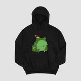 Men's Hoodie Festive Green Character Wearing Red Santa Hat Wrapped In Colorful Twinkling Christmas Lights Frog
