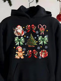 Men's Hoodie Festive Holiday Symbols Featuring Santa Claus Gingerbread Man And Decorative Red Ribbon Christmas Tree