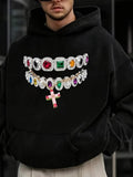 Men's Hoodie Sparkly Rows Of Colorful Gemstones In Diamond Settings With Cross Pendant Jewelry