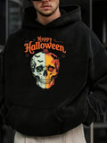 Men's Hoodie Happy Halloween Spooky Split Color Design With Flying Bats And Pumpkin Elements Skull