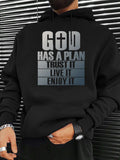 Men's Hoodie God Has A Plan Trust It Live It Enjoy It Metallic Silver Gradient Vertical Stacked Religious Typography With Minimalist Sacred Cross