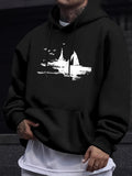 Men's Hoodie Silhouette Artistic White Ink Splatter With Flying Birds Over Calm Waters Scenery