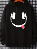 Men's Hoodie Stylized Minimalist White Graphic Forming A Smiley Face With Pink Tongue Headphone