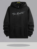 Men's Hoodie The Boston Minimalist White Cursive Script Letters Elegantly Placed Across Chest Hoodie
