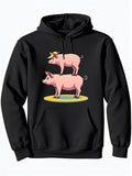 Men's Hoodie Two Pink Pigs Stacked One Wearing A Cute Yellow Hat Pig