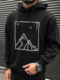 Men's Hoodie Minimalist White Line Drawing Of Rugged Peaks Inside Rectangular Frame Mountain