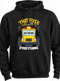 Men's Hoodie That Fixes Everything Vibrant Yellow Vehicle Front View With Playful Cartoon Styling Bus
