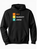 Men's Hoodie Nice Naughty Jewish Three Colorful Square Blocks Featuring A Traditional Religious Menorah