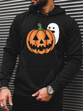 Men's Hoodie Smiling Spooky Orange Jack O Lantern Beside Cute Little White Ghost Pumpkin