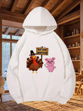 Men's Hoodie Eat Ham Instead Angry Little Pig Standing With A Pilgrim Hat Wearing Turkey