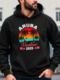 Men's Hoodie Aruba Vacation 2025 Vibrant Retro Sunset With Tropical Palm Trees And Distant Sailboat Landscape