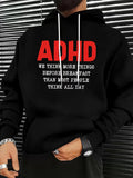 Men's Hoodie ADHD We Think More Things Before Breakfast Than Most People Think All Day Bold Red And White Typography Centered On Minimalist Black Hoodie