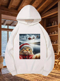 Men's Hoodie Festive Ginger Cat Wearing Santa Hat Watching Sleigh Fly Under Moonlight Cat