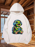 Men's Hoodie Adorable Green Cartoon Gamer Wearing Blue Headphones And Holding Controller Turtle