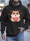 Men's Hoodie Adorable Chubby Brown Hamster Holding Pink Glazed Heart Shaped Donut Hamster
