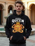 Men's Hoodie Pizza Queen Smiling Cartoon Character Wearing Shiny Golden Crown With Stars Around Pizza