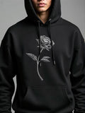 Men's Hoodie Minimalist White Line Art Blooming Among Leaves On A Stem Rose