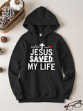 Men's Hoodie Jesus Saved My Life Heartbeat Rhythm Line Accented By Small Red Heart And Holy White Cross