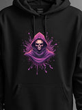Men's Hoodie Mysterious Hooded Reaper With Vibrant Purple Splatter Paint Elements Behind Scary Skeleton